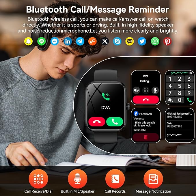 Erke Smart Watch, 1.8" HD Touch Screen Fitness Tracker, Bluetooth Notifications/Call, IP68 Waterproof, Over 120 Sports Modes, All-Day Heart Rate & Sleep Monitoring, Compatible with iPhone Android iOS (Black) 